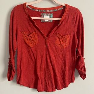 Anthropologie Postmark Orange 3/4 Sleeve V-Neck Top with Lace Accents